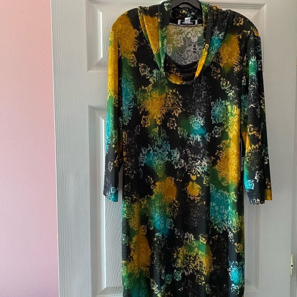 Nine West Green and Yellow Long Sleeve Sheath Dress